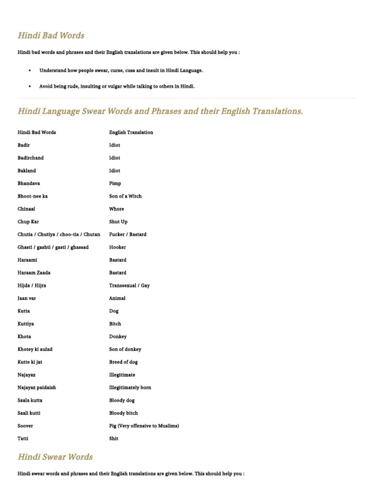 Hindi Bad Words Profanity Connotation