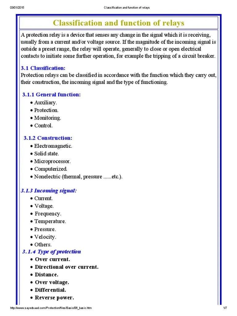 Classification and Function of Relays Relay Induction