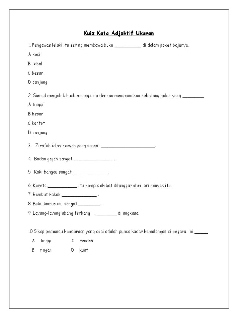 Soalan Kata Adjektif Haiwan