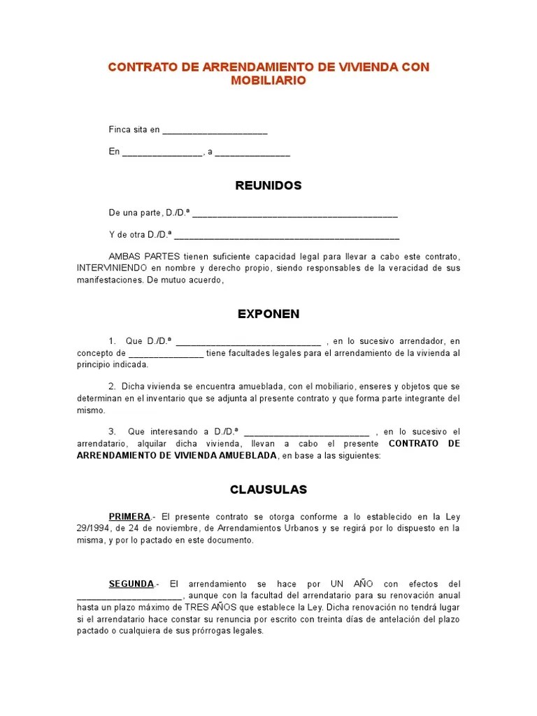 Modelo Contrato de Arrendamiento de Vivienda Con Mobiliario Alquiler