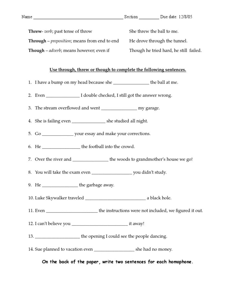 Threw Through homophones worksheet
