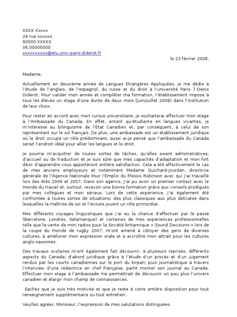 Lettre De Motivation Pour Un Stage En Agence De Voyage