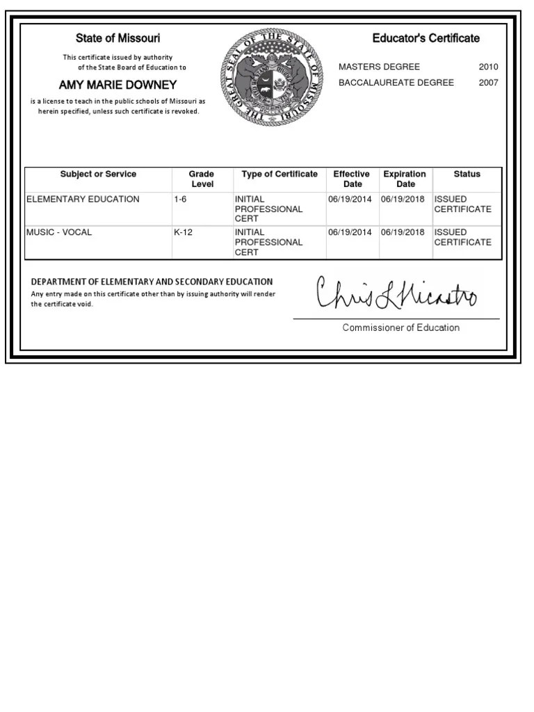 Missouri Certification PDF
