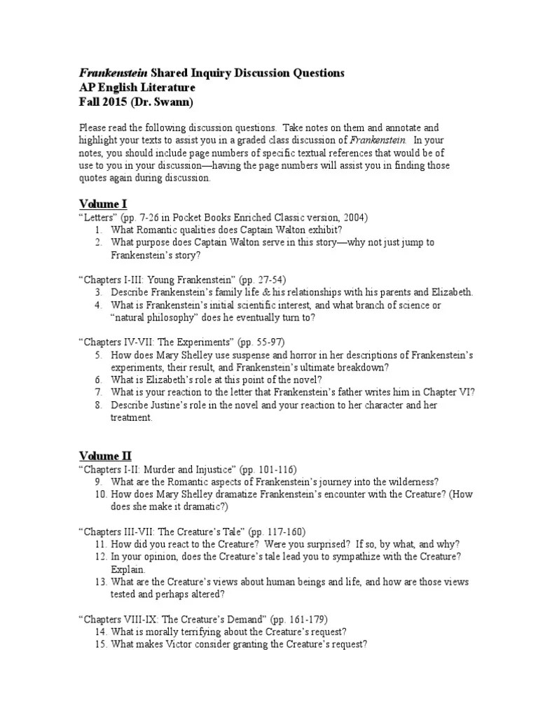 frankenstein shared inquiry questions (2015) Frankenstein Fiction