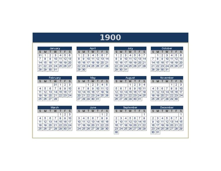 1900 Calendar Overview PDF Travel