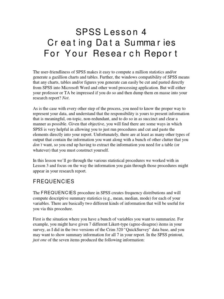 SPSS Lesson 4 Creating Data Summaries For Your Research Report Spss
