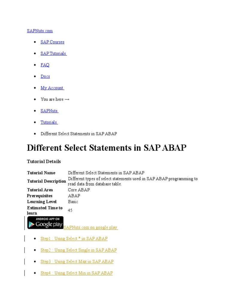 Select Statements in Sap Abap Table (Database) Information Science