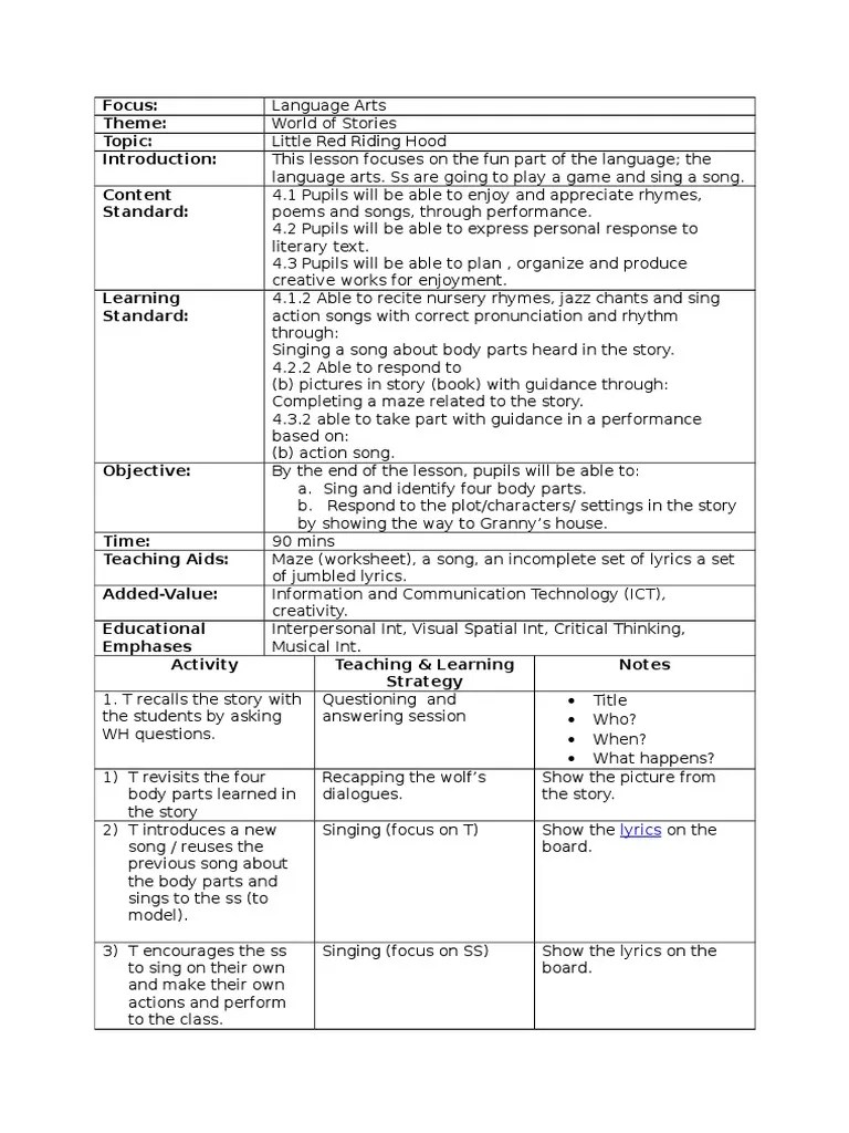 Language Arts Lesson Plan for Year 3 KSSR | Lesson Plan