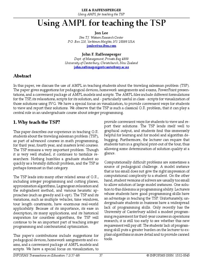 TSP Problem in AMPL PDF Linear Programming Mathematical Optimization