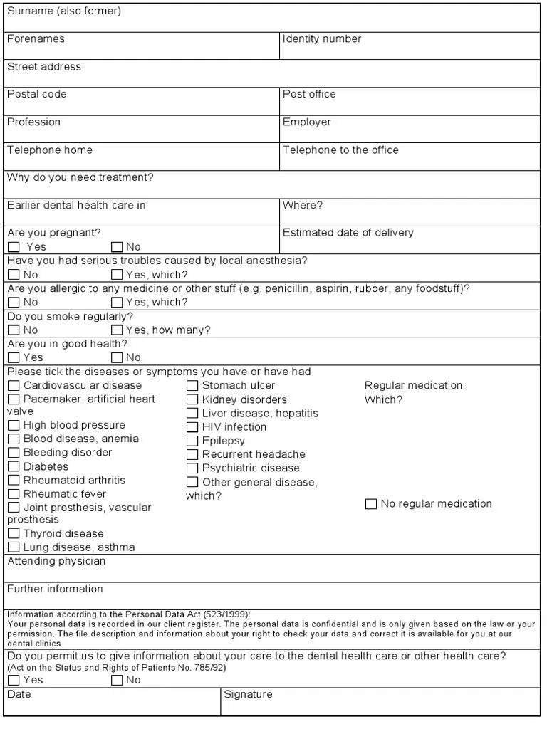 Anamnesis for Dental Health Care Health Care Public Health