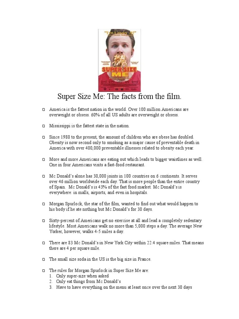 Super Size Me Facts Sheet Mc Donald's Obesity
