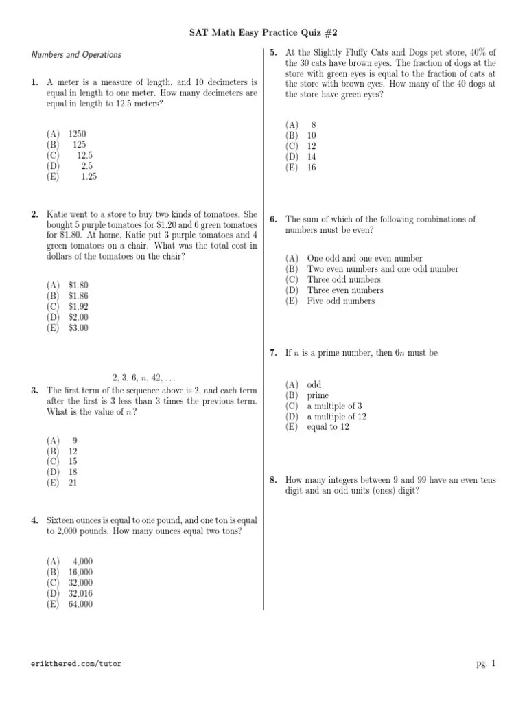 Sat Math Easy Practice Quiz 2 Download Free PDF Area Triangle