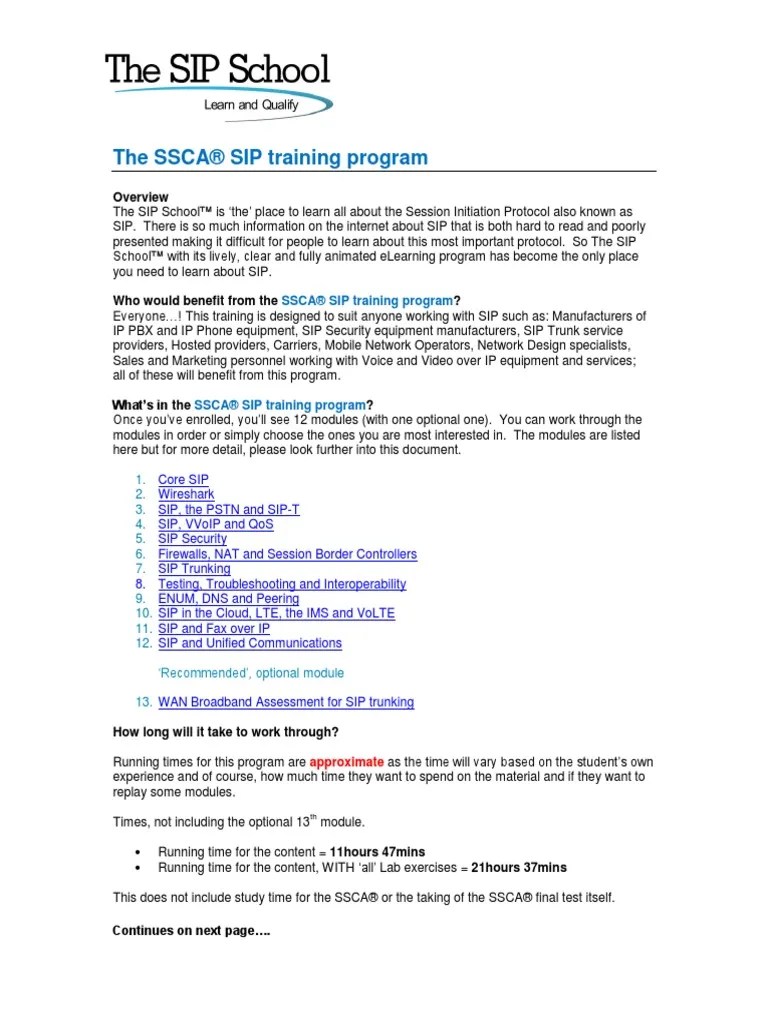 The SSCA SIP Training Program Course Outline Session