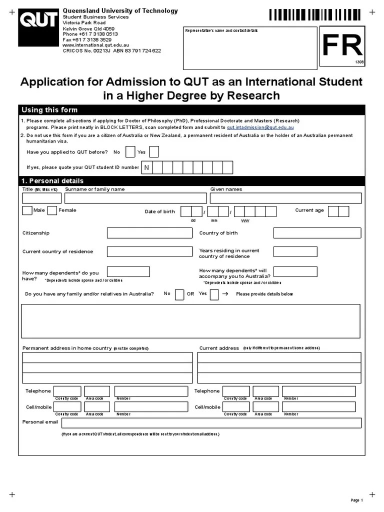 QUT FORM University And College Admission Doctor Of Philosophy