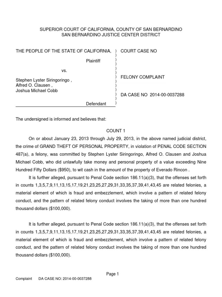 Felony Complaint vrs. Siringoringo et all Mortgage Law Crimes