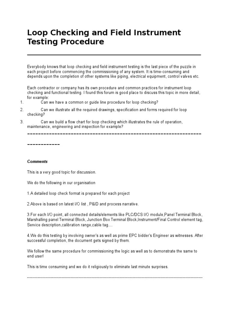 Loop Checking and Field Instrument Testing Procedure Instrumentation