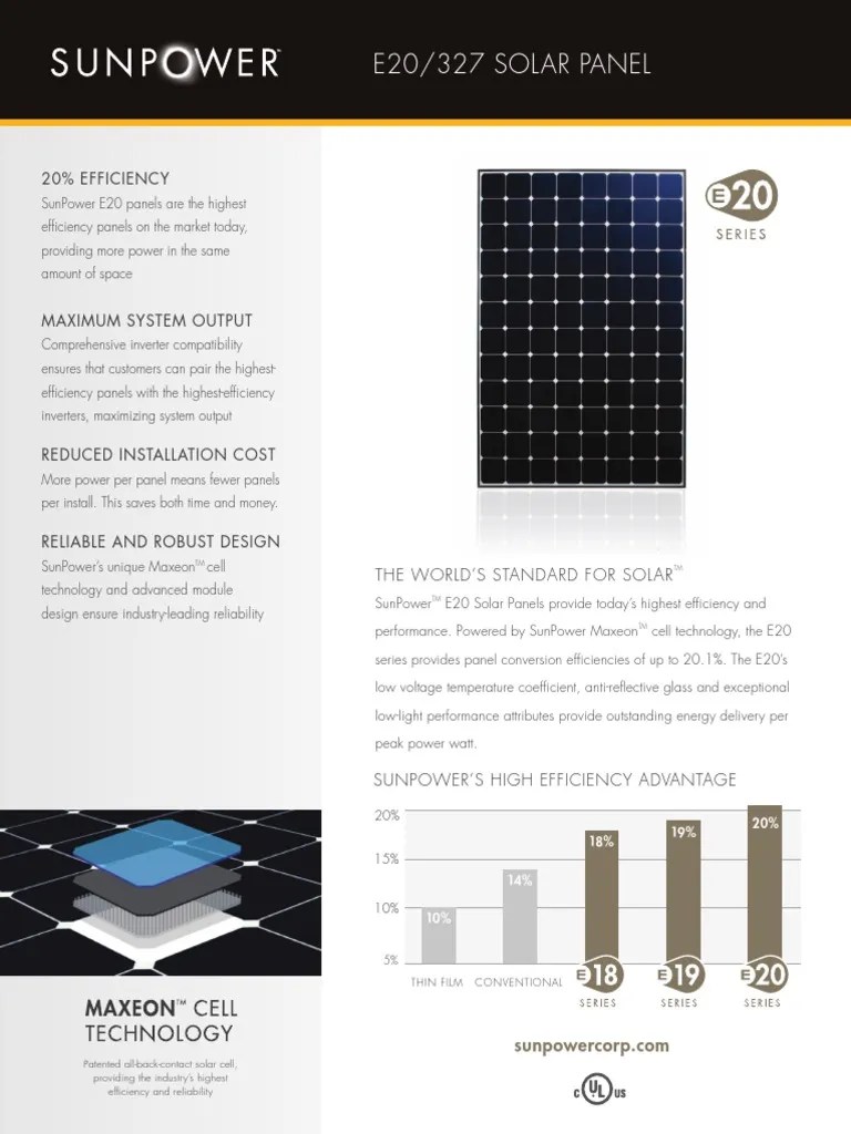 SunPower E20 327 Spec Sheet Solar Panel Electricity