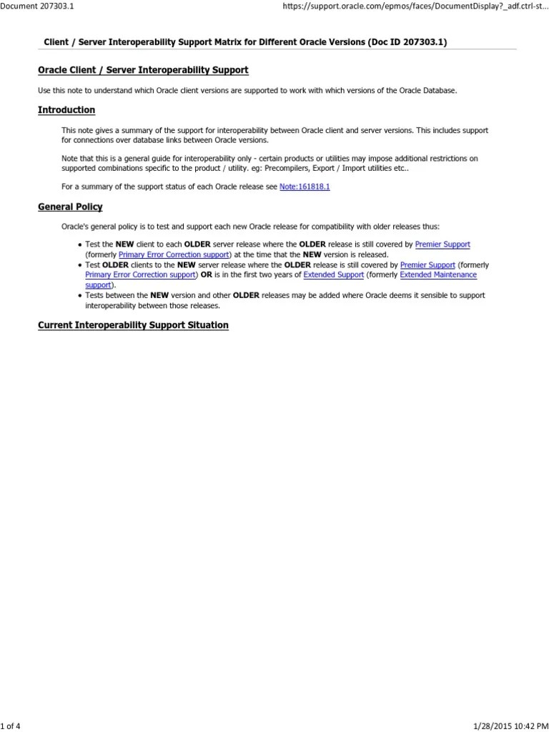 Client Server Interoperability Support Matrix For Different Oracle