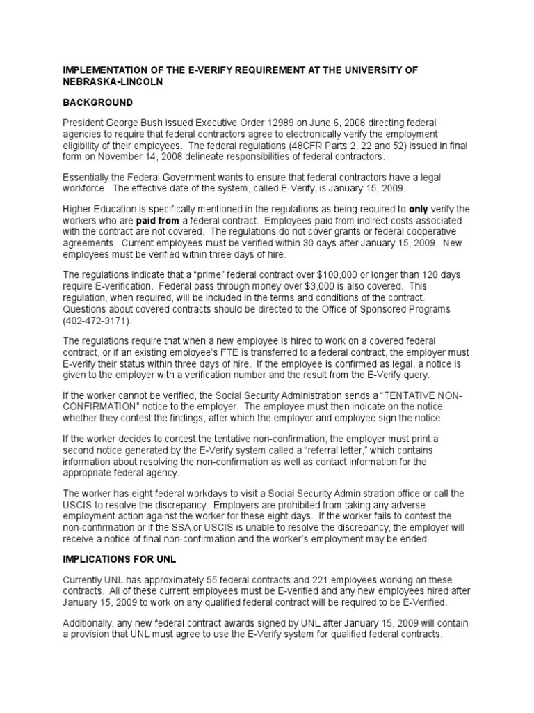 Implementation of The EVerify Requirement at The University of