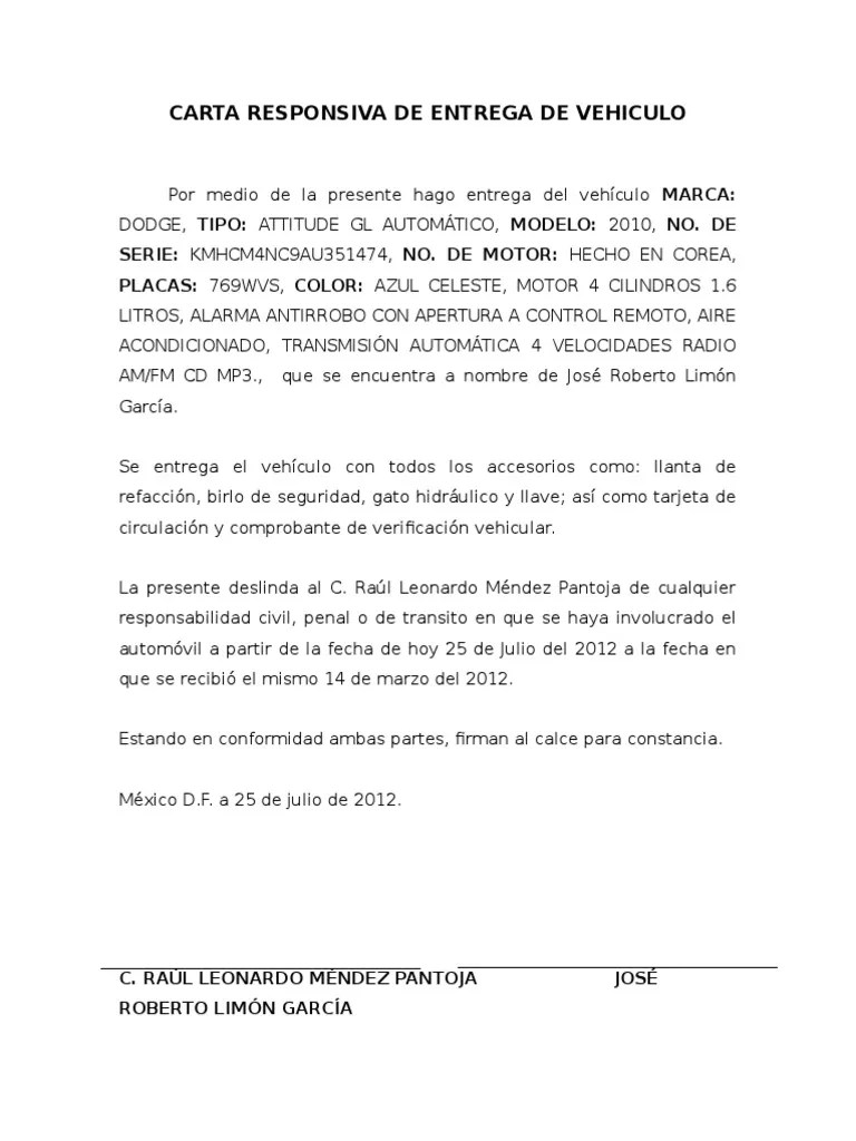 Carta Responsiva de Entrega de Vehiculo Vehículos