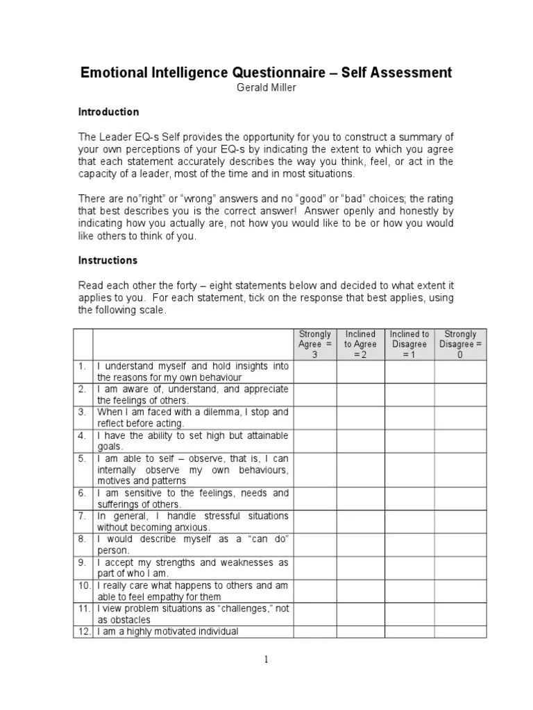 Emotional Intelligence Questionnaire | Emotional Intelligence | Self