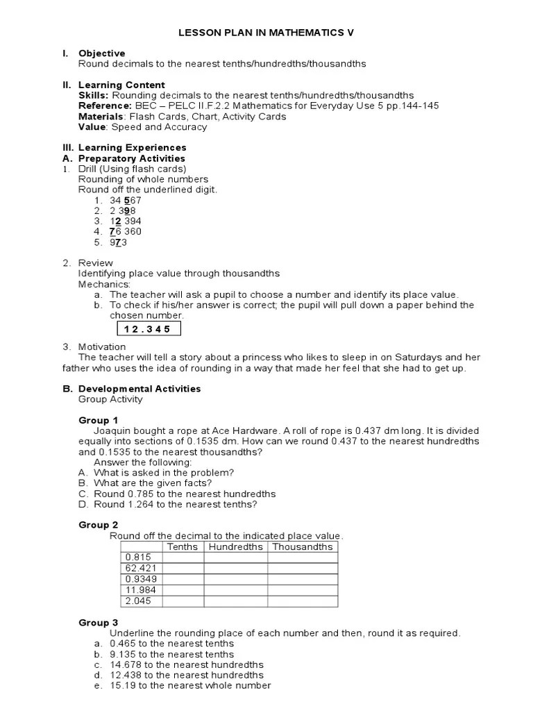 Rounding Decimals LESSON PLAN Rounding Lesson Plan