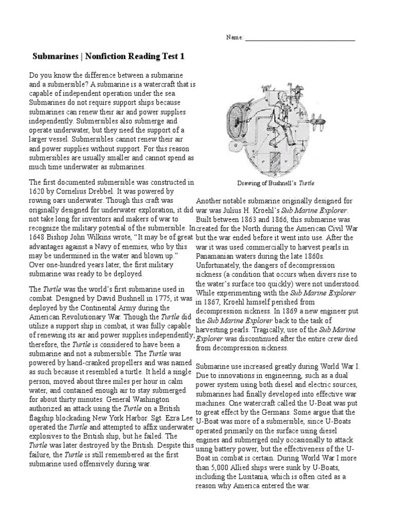 Submarines Nonfiction Reading Test 1 PDF Submarines U Boats