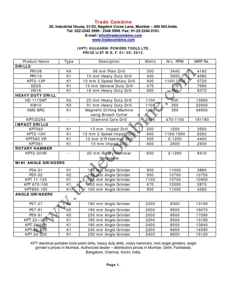 KPT Electrical Portable Power Tools Price List May 2012.pdf Drill