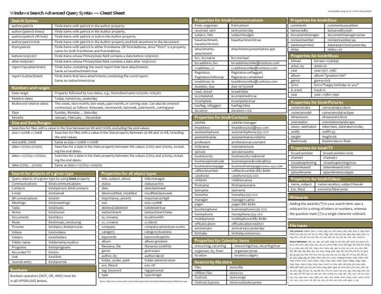 Windows Search Advanced Query Syntax Cheat Sheet PDF Computer
