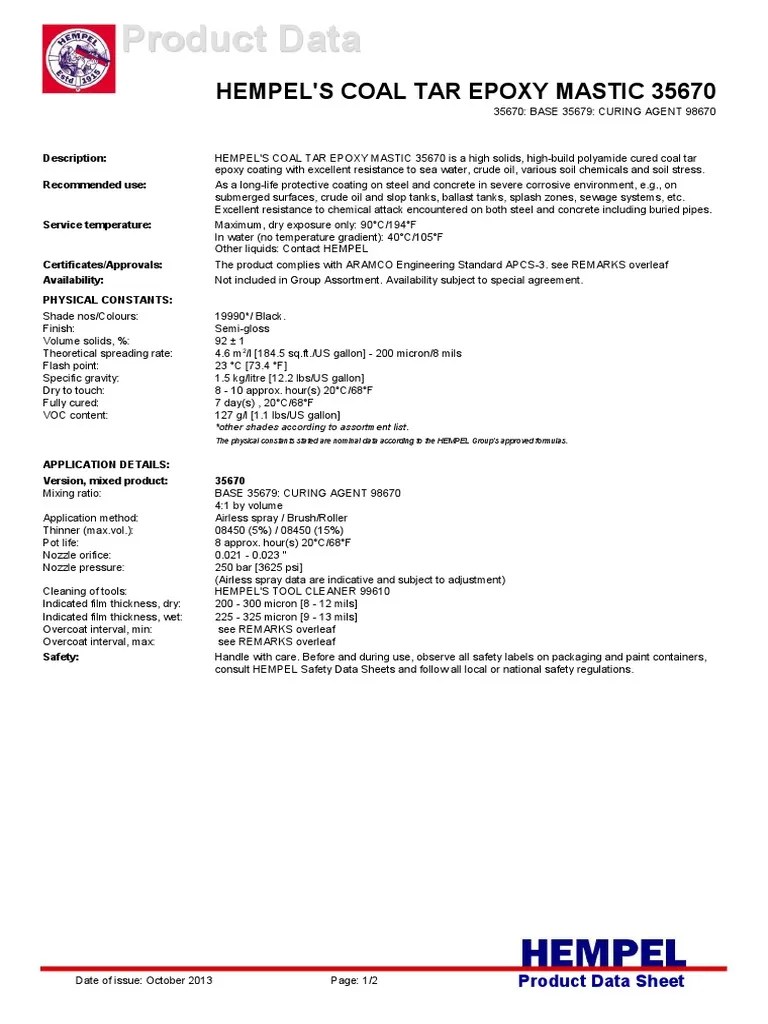 Pds Hempel's Coal Tar Epoxy Mastic 35670 EnGb PDF Paint Abrasive