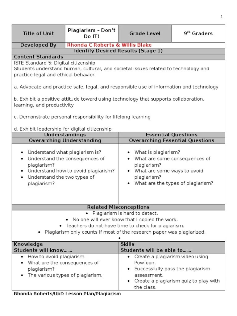copy of ubd lesson plan plagiarism Educational Assessment Plagiarism