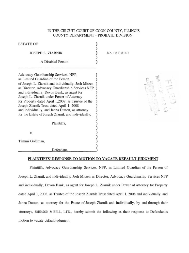 Plaintiffs Response to Motion to Vacate Default Judgment Default