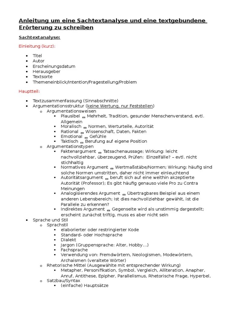 Anleitung Um Eine Sachtextanalyse Und Eine Textgebundene