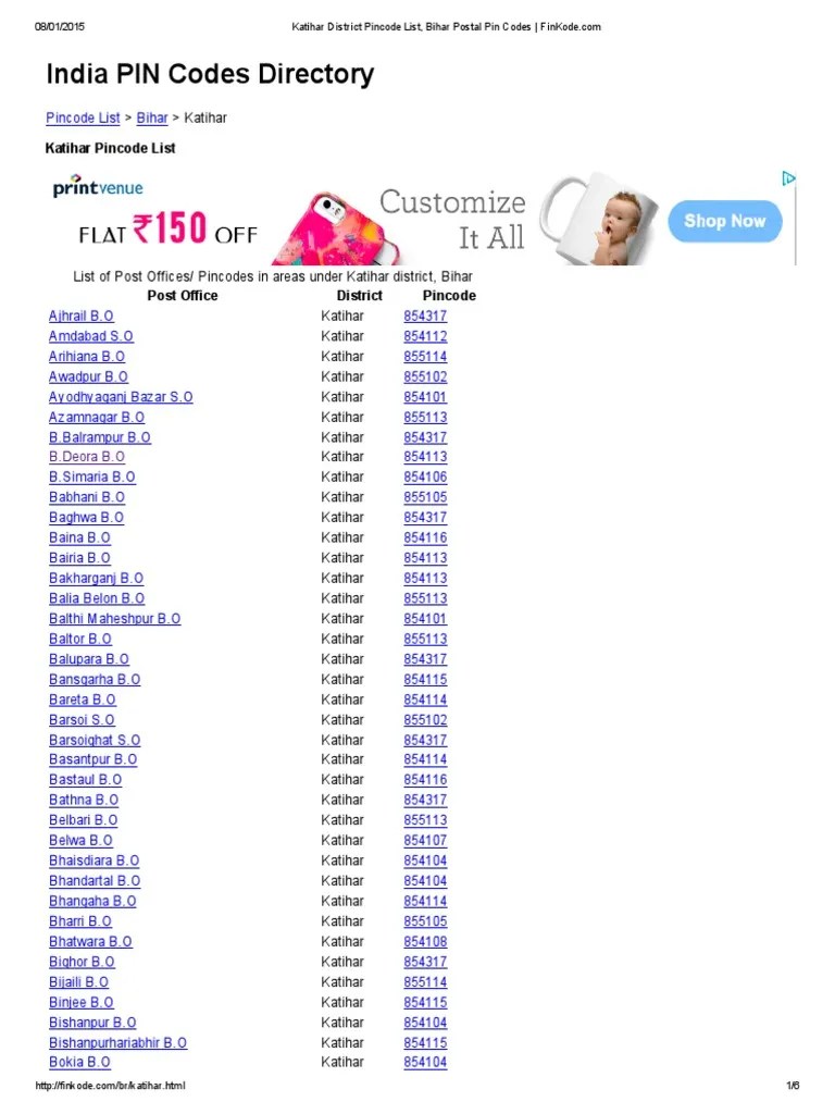 Katihar District Pincode List, Bihar Postal Pin Codes FinKode