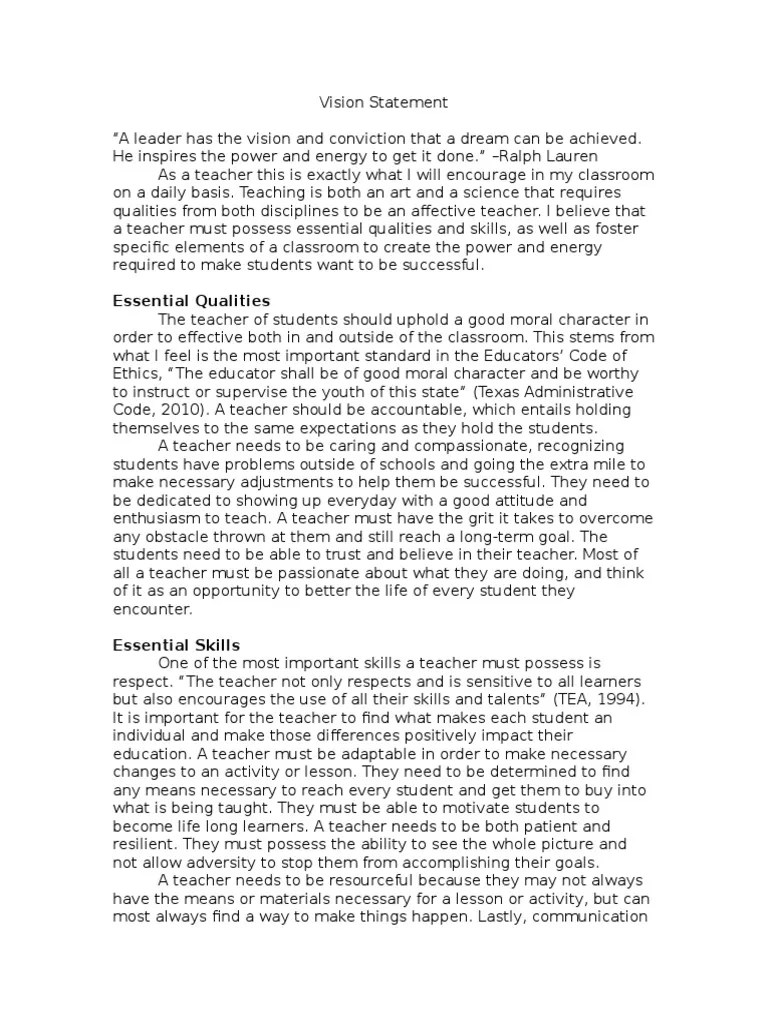 Vision Statement Classroom Teachers
