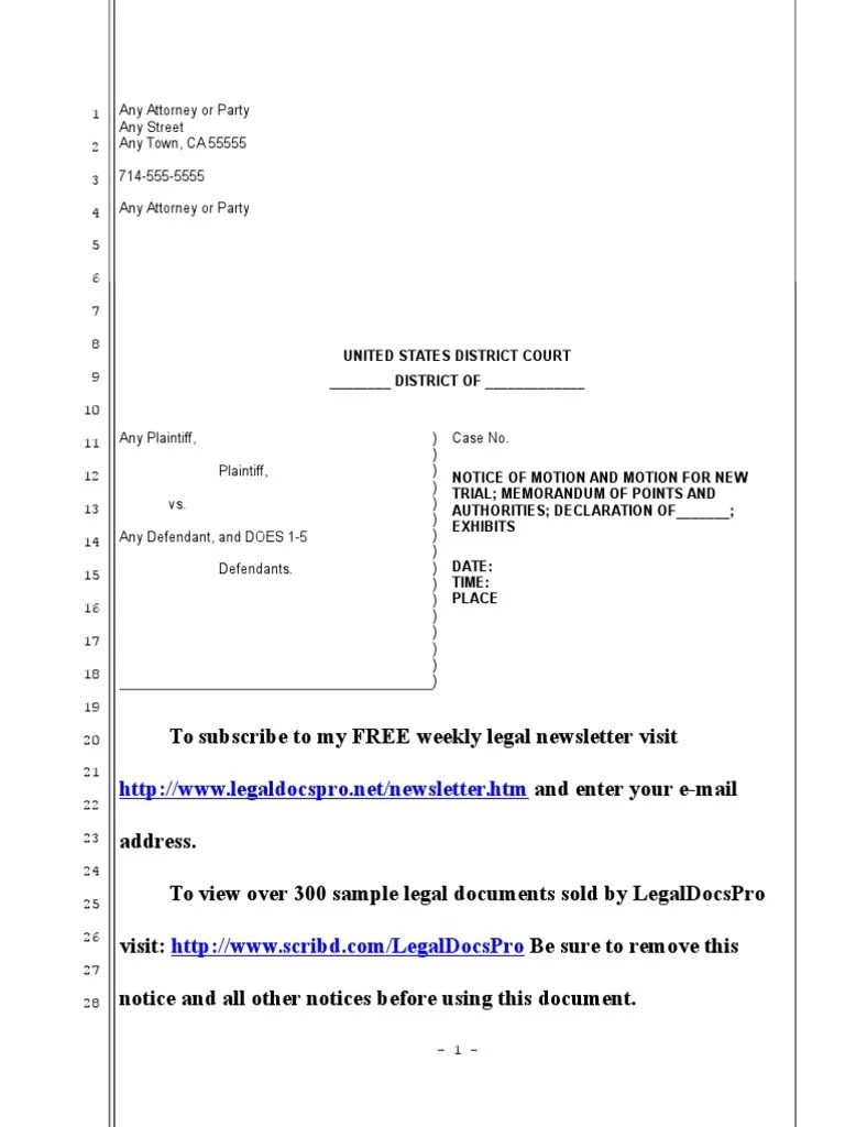 Sample Motion For New Trial Under Rule 59 (A) PDF Federal Rules Of
