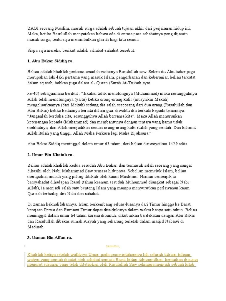 10 Sahabat Nabi Yang Dijamin Masuk Surga | PDF