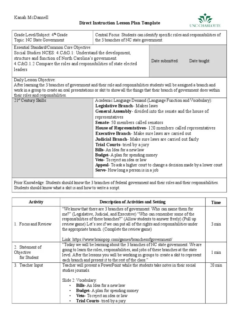 Imb Direct Instruction Lesson Plan Template Social Studies PDF Lesson Plan Educational