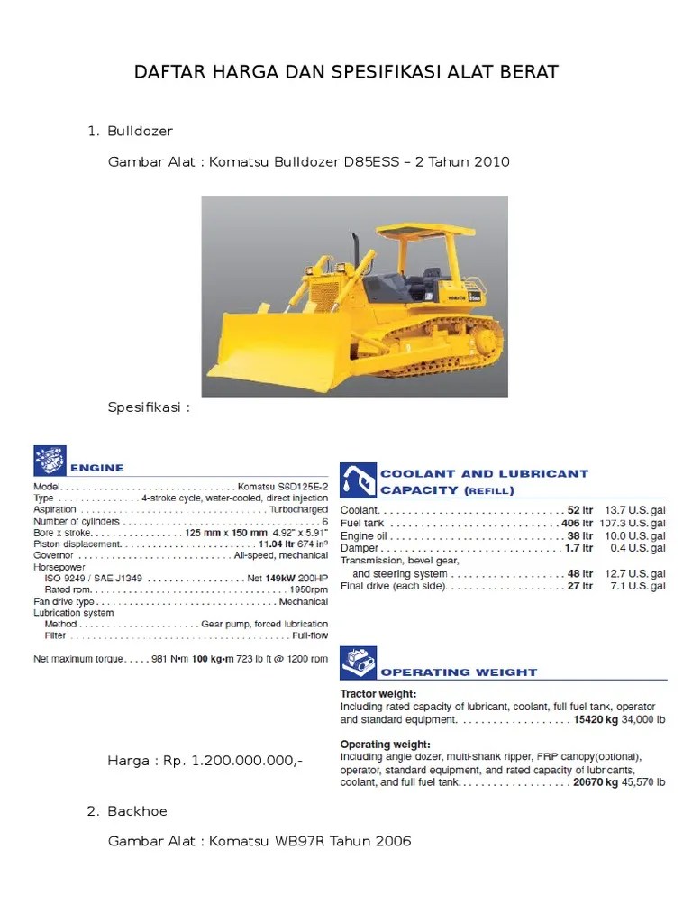 Daftar Harga Dan Spesifikasi Alat Berat | PDF