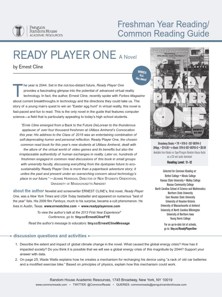 Ready Player One Common Reading Guide Virtual Reality Science