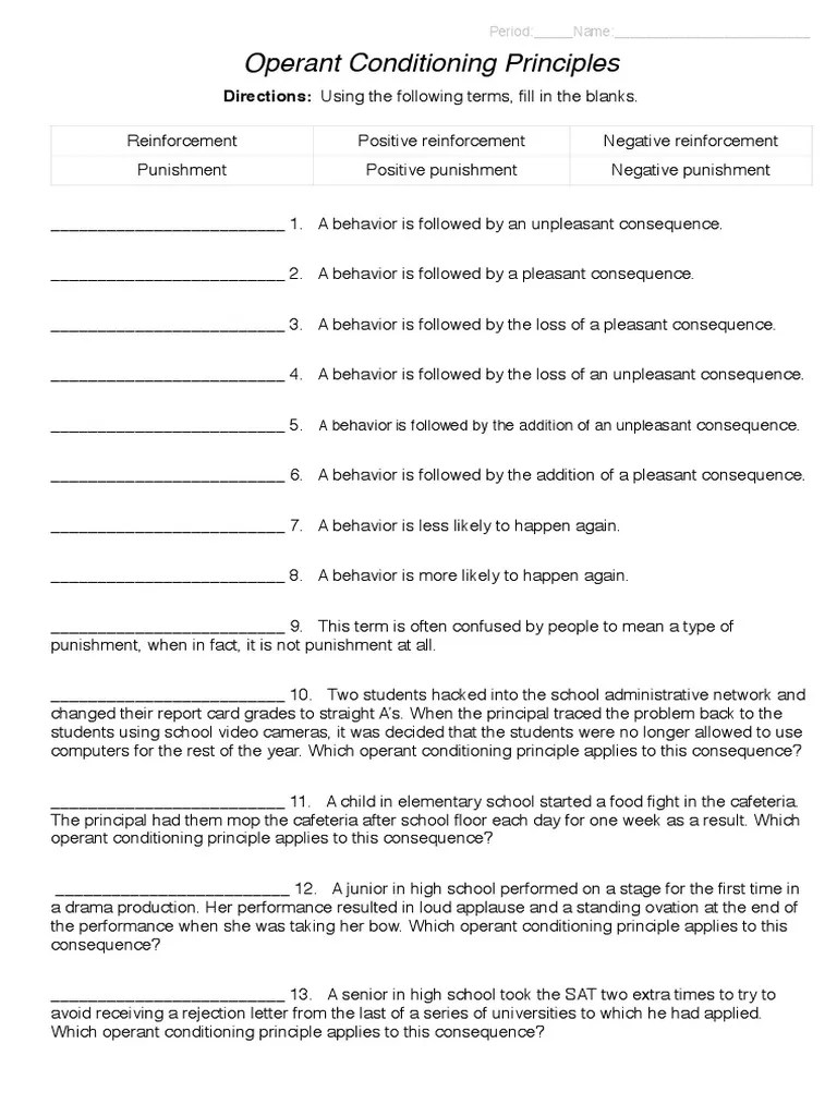 operant conditioning worksheet | Reinforcement | Punishments