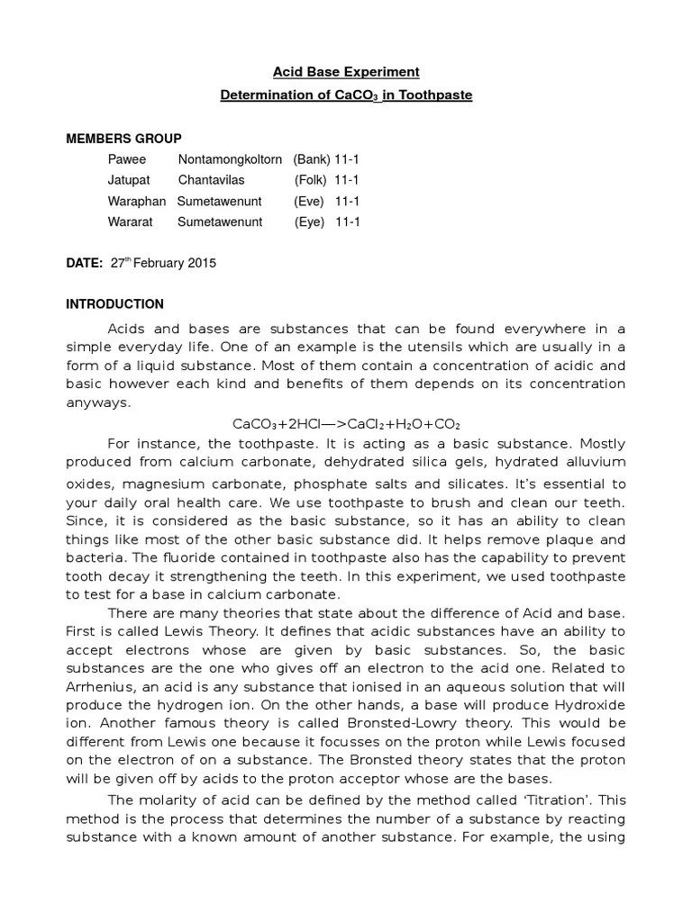 chemistry lab report (back titration) Titration Acid