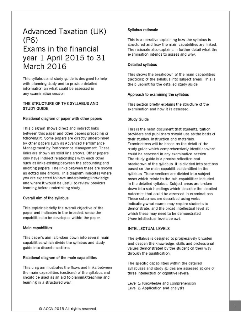 ACCA P6 UK 2015 Capital Gains Tax United Kingdom Corporation Tax