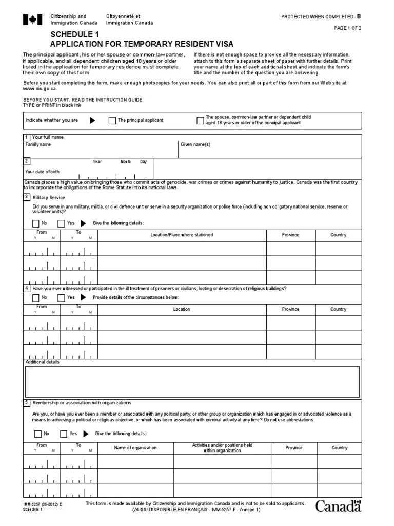 Canada IMM5257B Schedule 1 Form PDF Canada Police