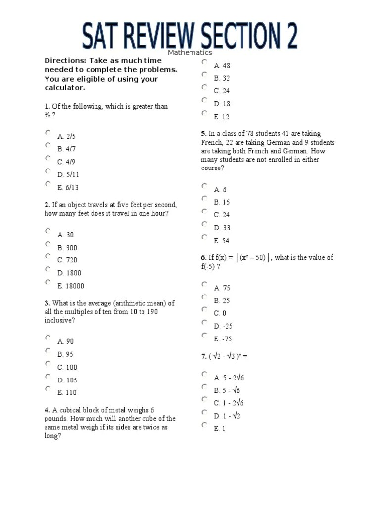 Sat Review Packet Week 1 with math Numbers Physics & Mathematics