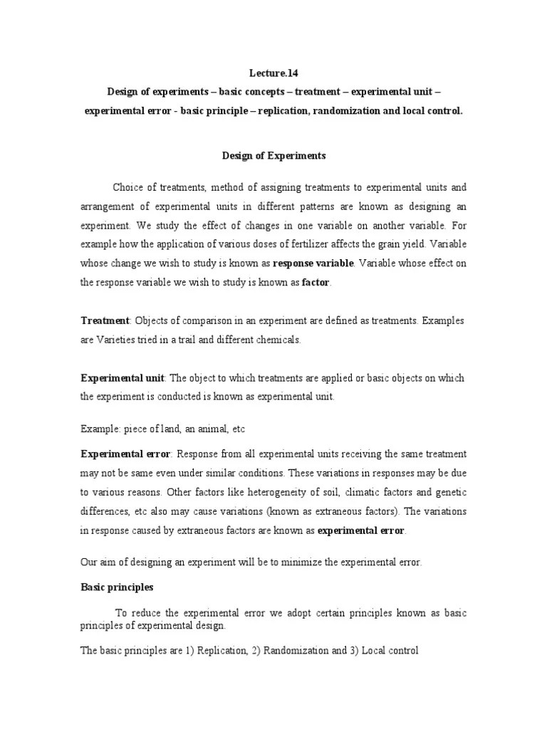 Design of experiments basic concepts treatment experimental unit