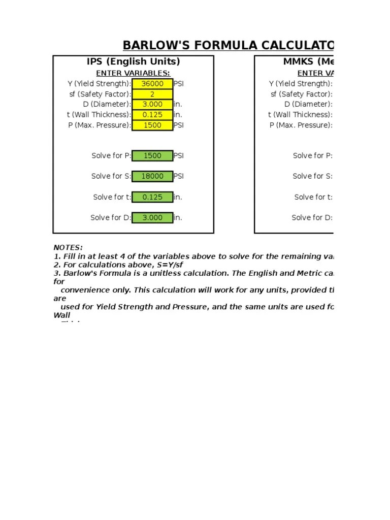 Barlow'S Formula Calculator IPS (English Units) MMKS (Metric Units) PDF