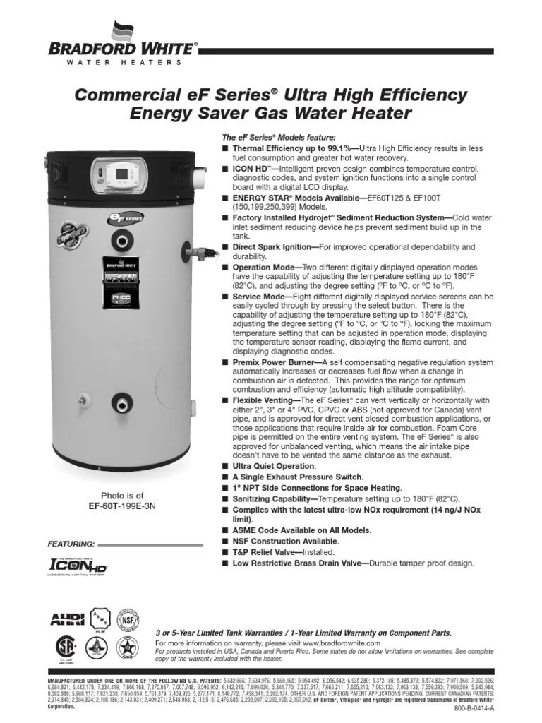 Bradford White eF Series Spec Sheet Water Heating Hvac