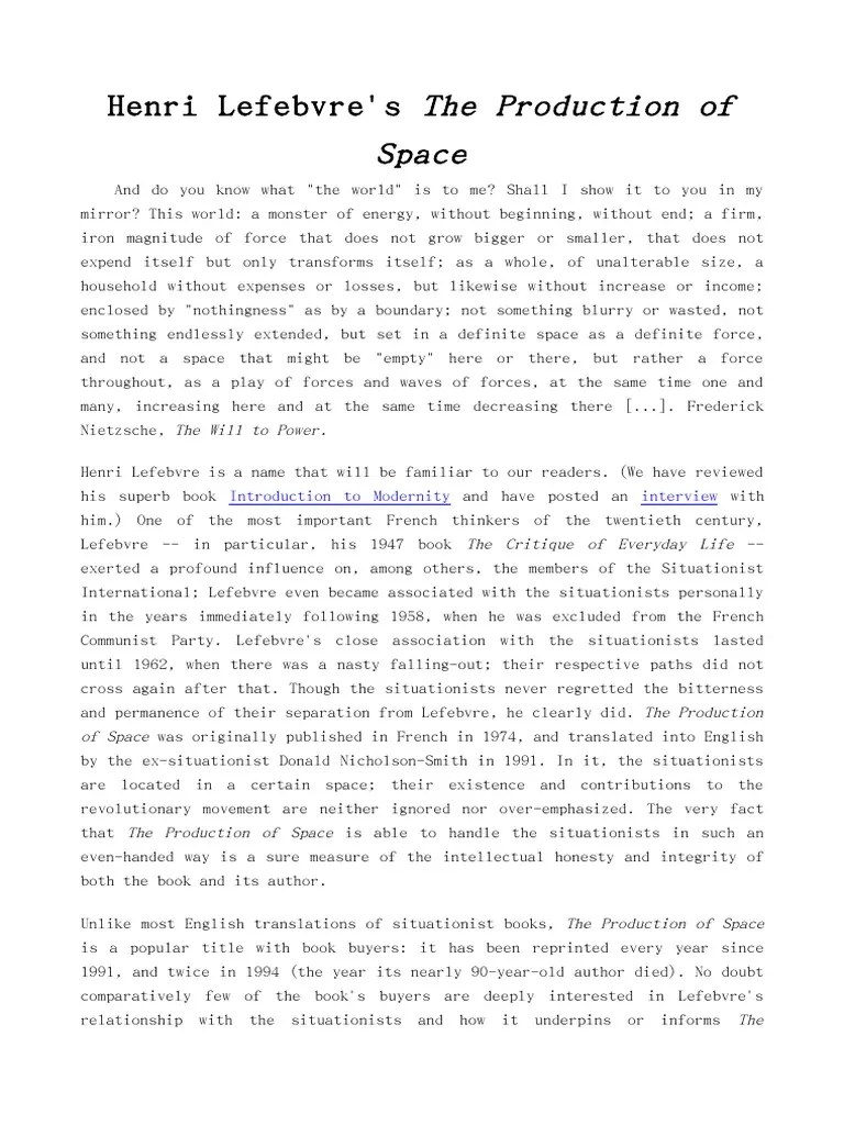 Henri Lefebvre's The Production of Space PDF Situationist