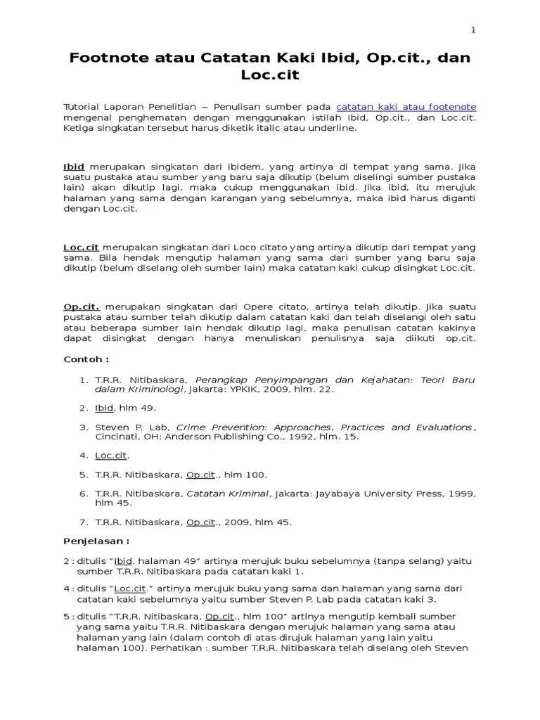 Footnote Atau Catatan Kaki Ibid, Op.cit., Dan Loc.cit